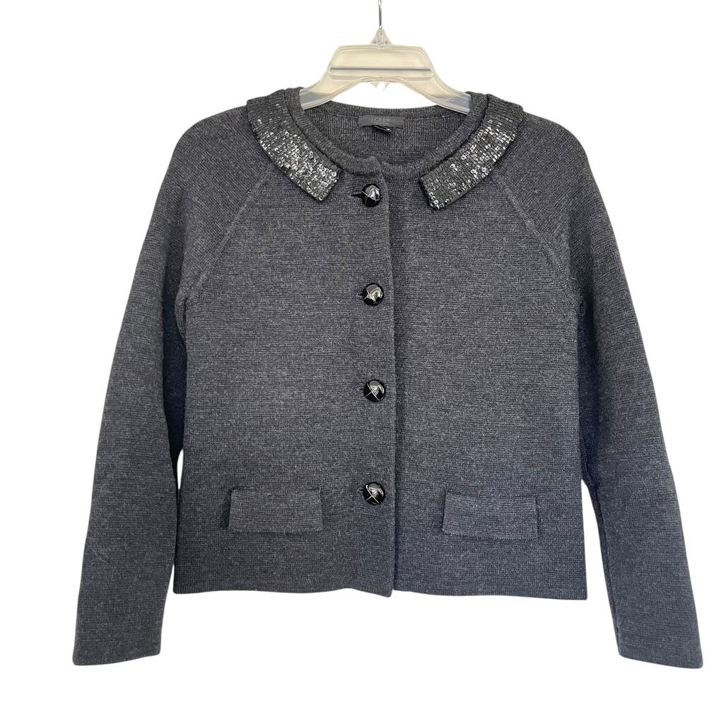 J. Crew Collection Charcoal Gray 100% Wool Beaded Sweater Blazer Jacket size XS